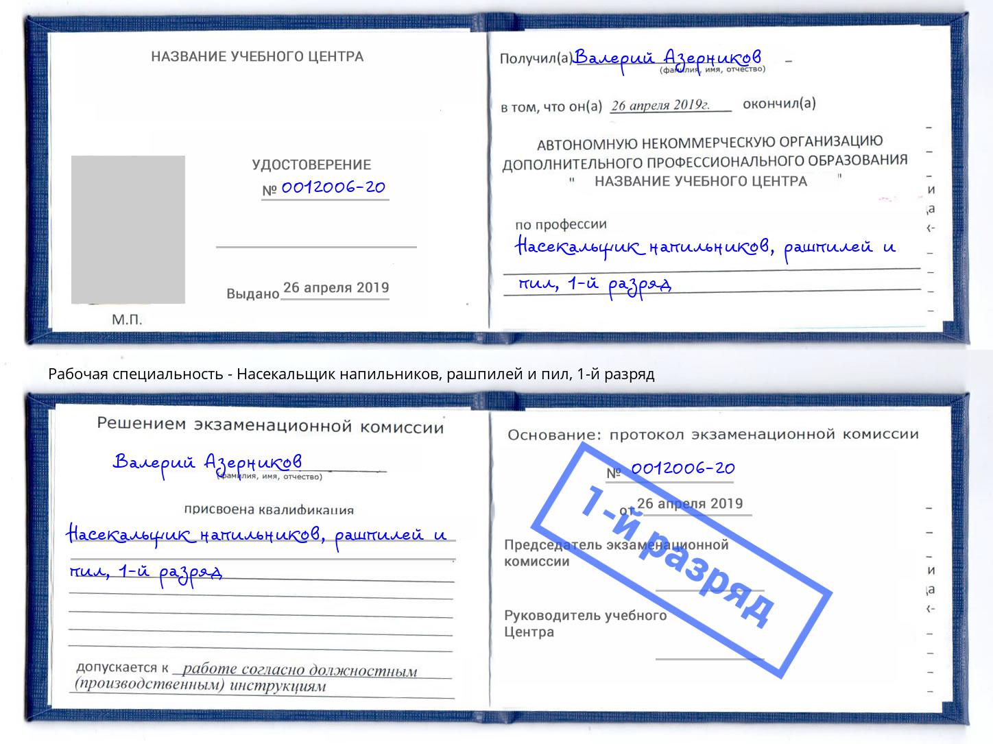 корочка 1-й разряд Насекальщик напильников, рашпилей и пил Воркута