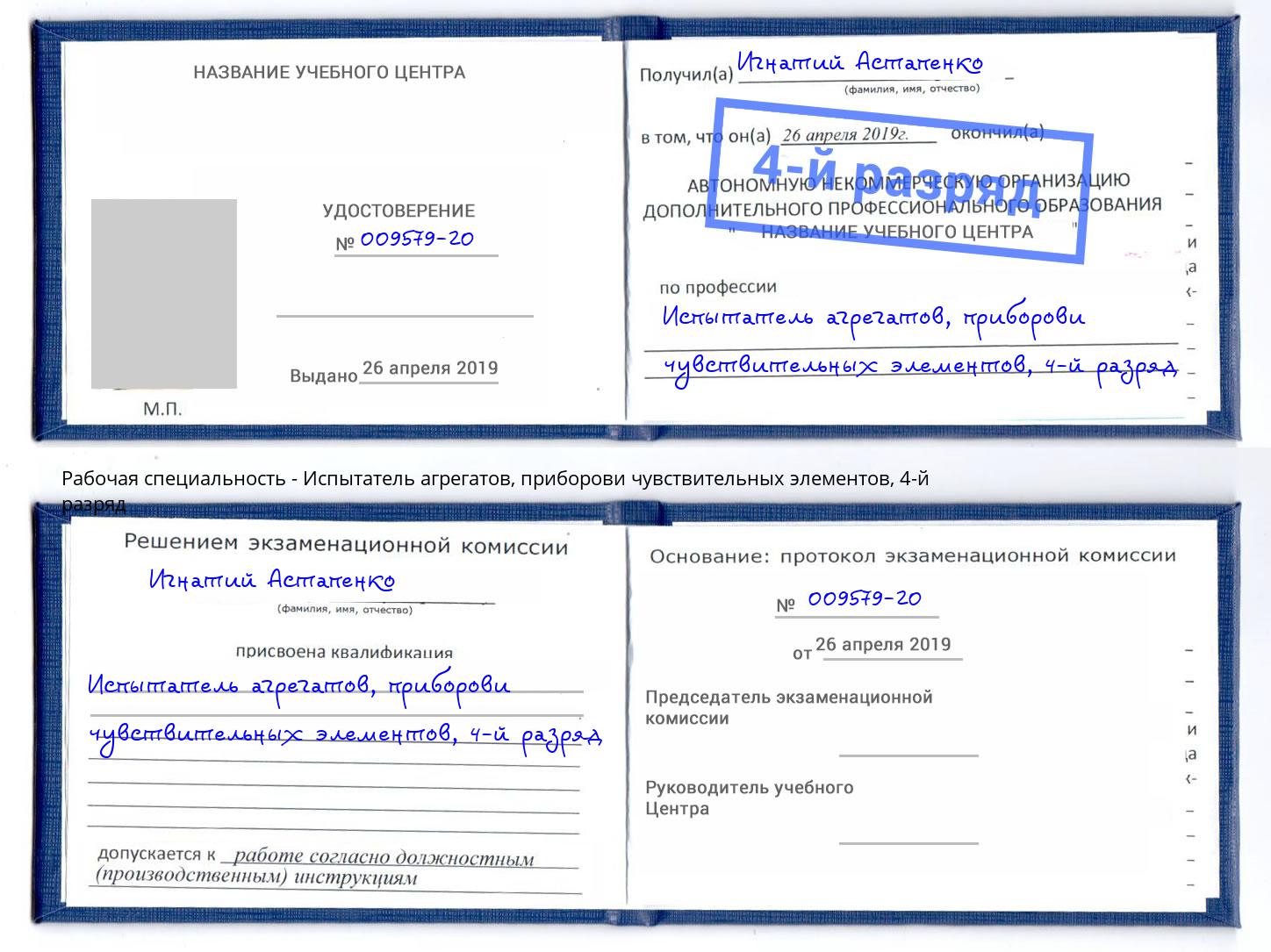 корочка 4-й разряд Испытатель агрегатов, приборови чувствительных элементов Воркута
