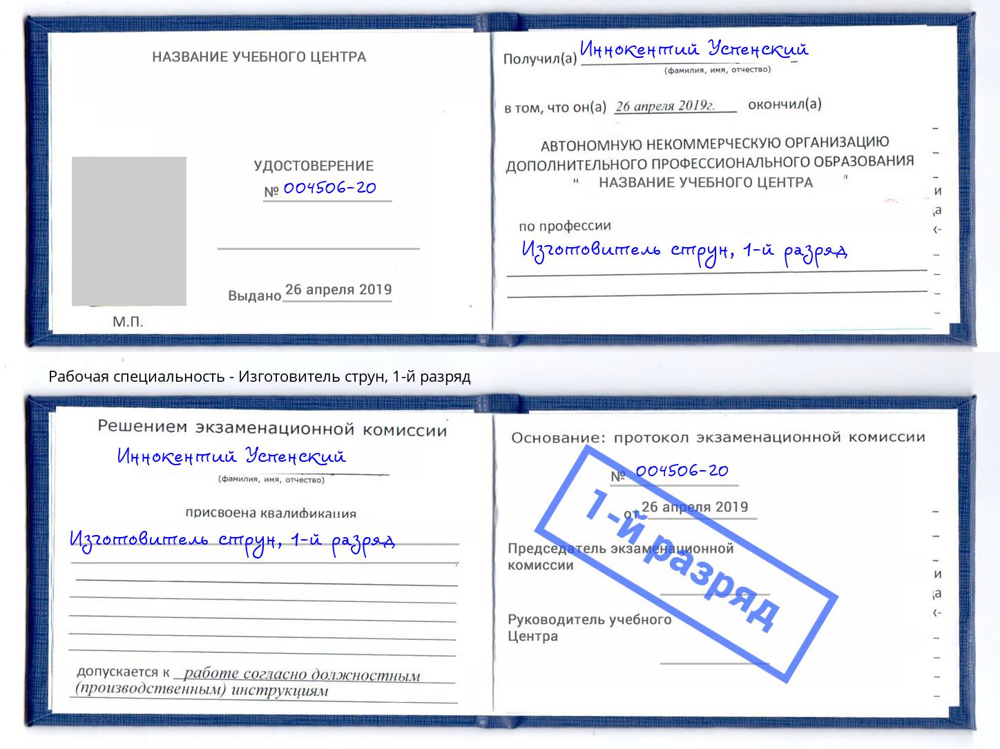 корочка 1-й разряд Изготовитель струн Воркута